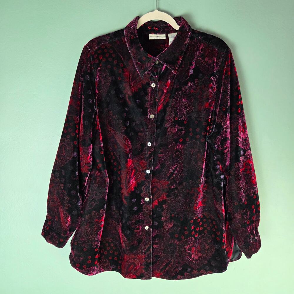 Vintage White Stag Womens 14W 16W Red Black Velour Paisley Button Down Shirt